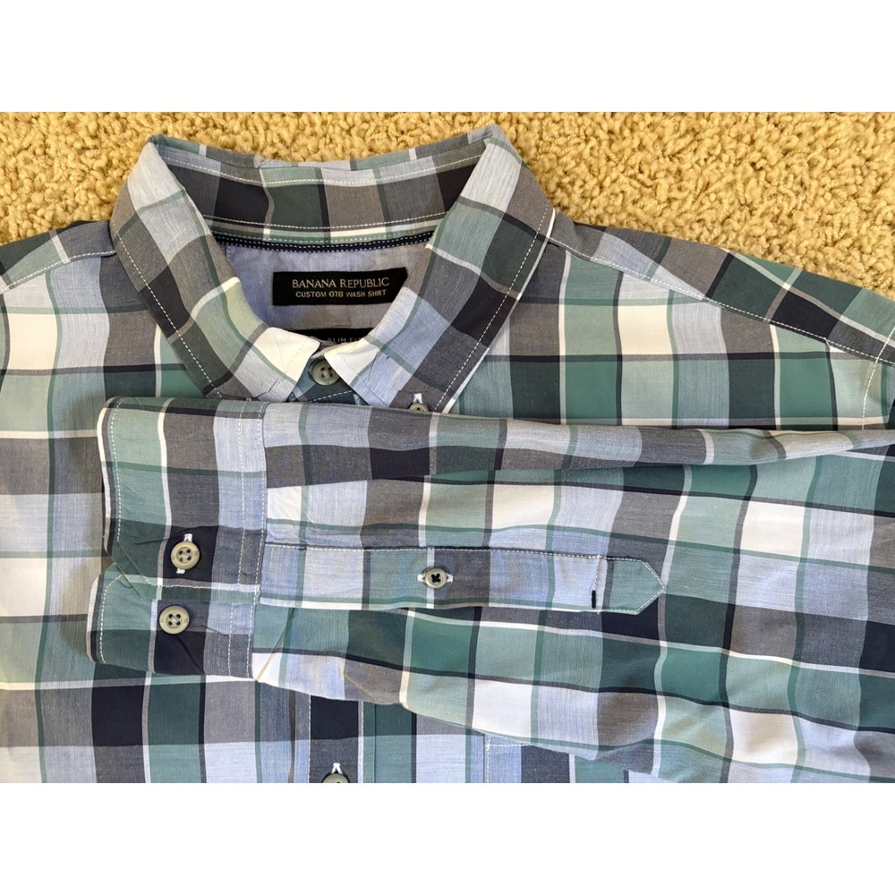 Banana Republic Mens Slim Fit Custom 078 Wash Shirt Green Blue Plaid Large L